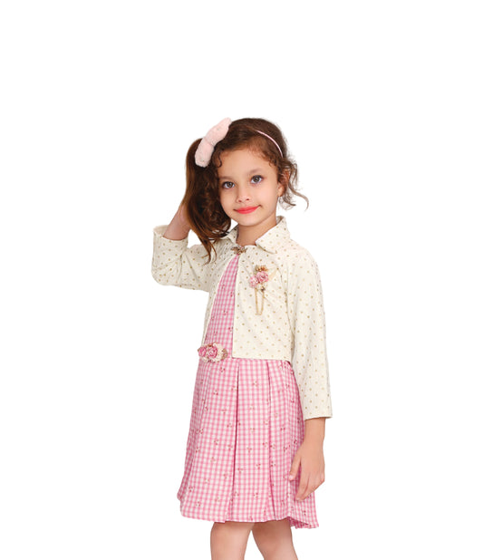 Pink dress with cream polka dot shrug 