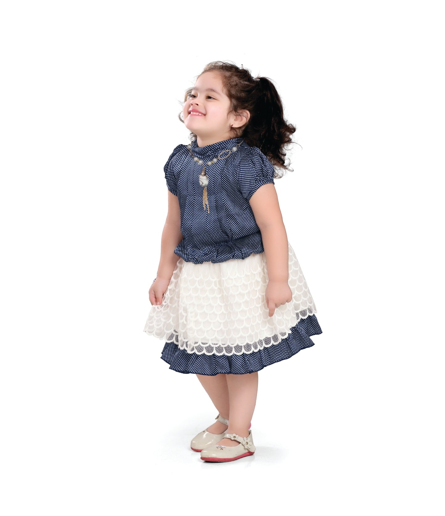 Navy Blue and White Polka Dot Top with Lace Skirt Set (Sizes 18-28)