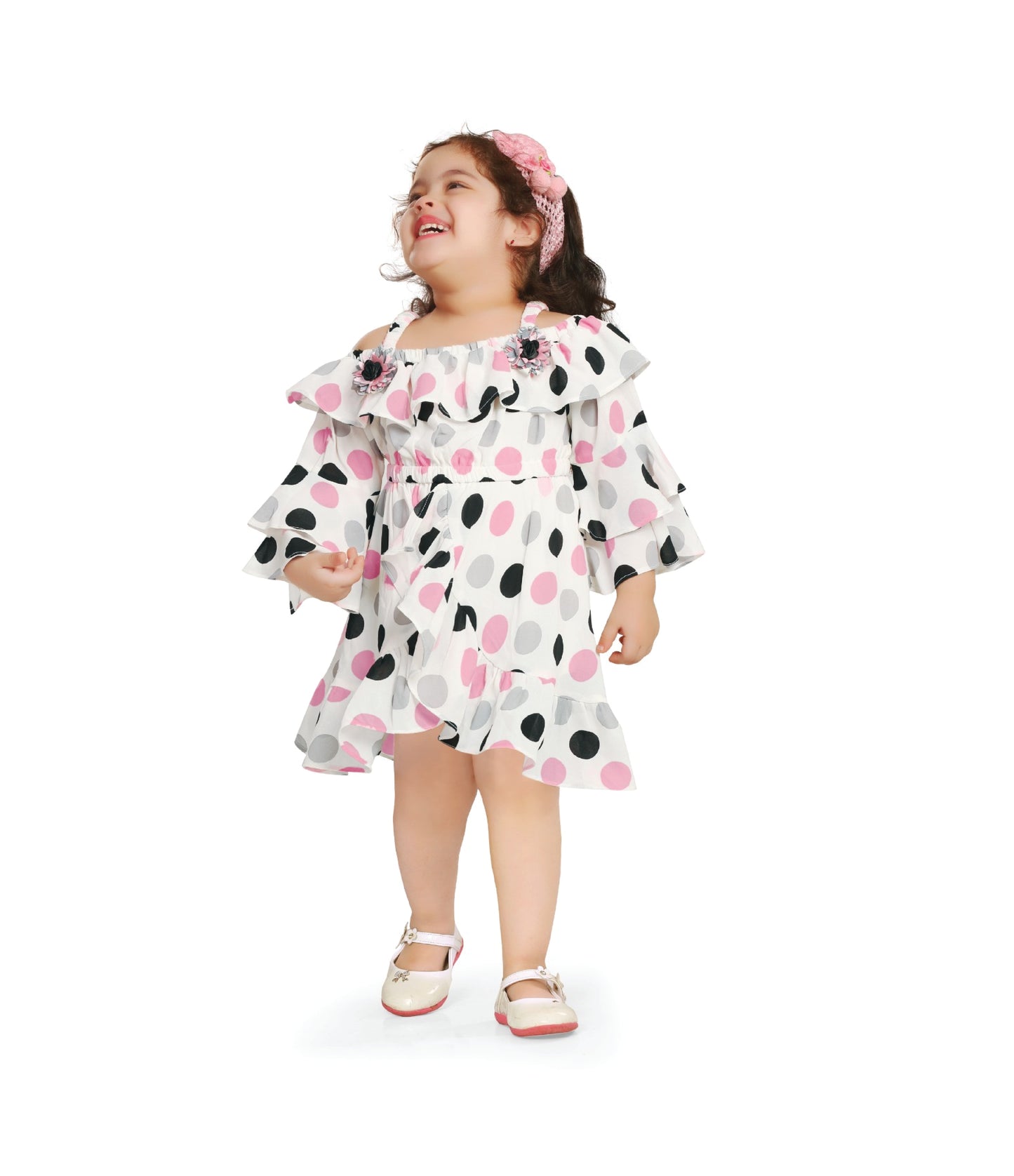 Pink Polka Dot Off-Shoulder Dress with Ruffles (Sizes 18-26)