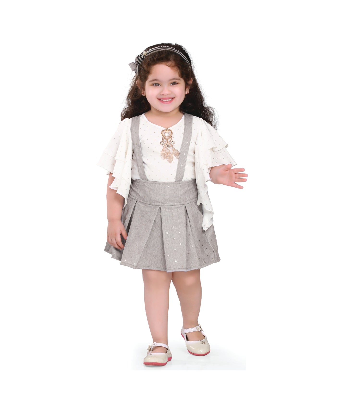 White Ruffle Top with Grey Suspender Skirt Set (Sizes 18-26)